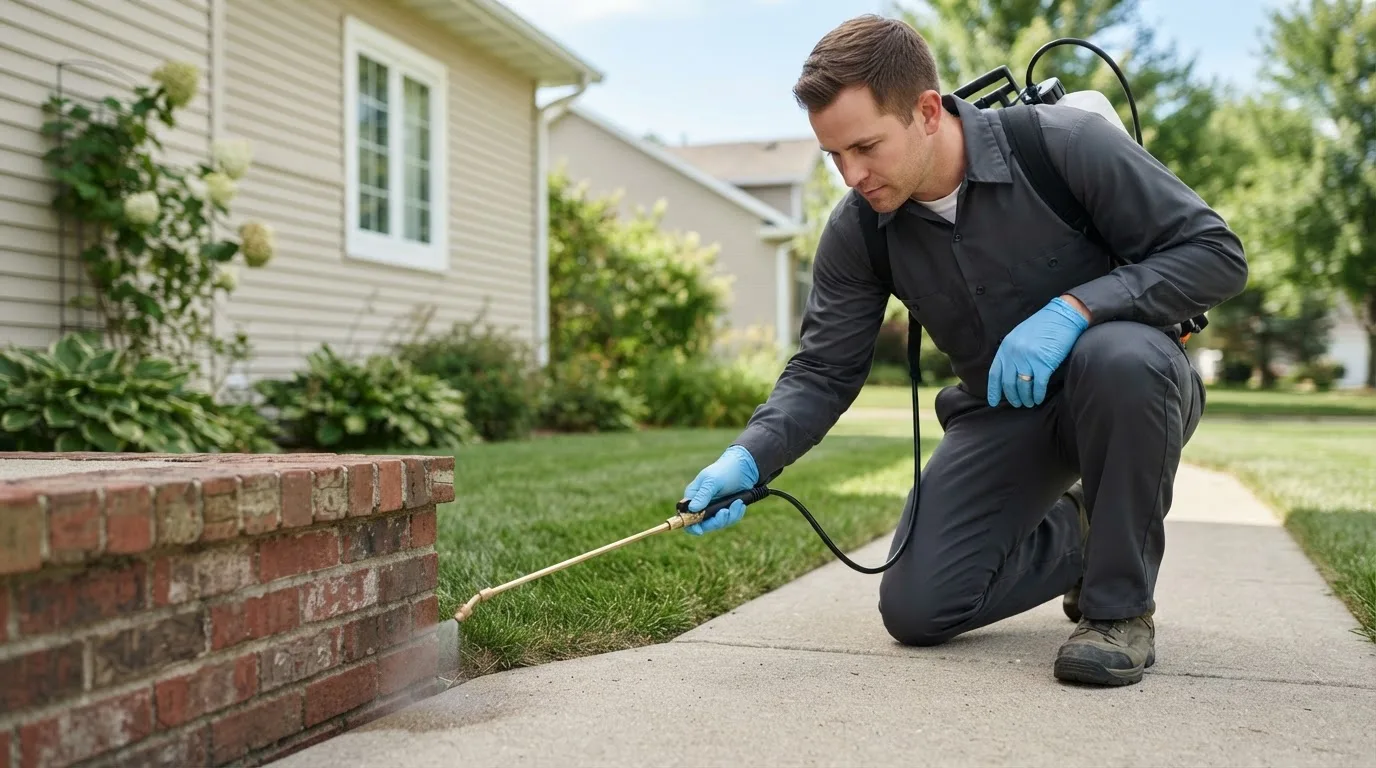 Pest control technician treating a home near Como, TX